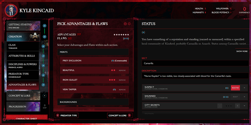 Vampire: The Masquerade NEXUS | Tools | Character Tools Overview
